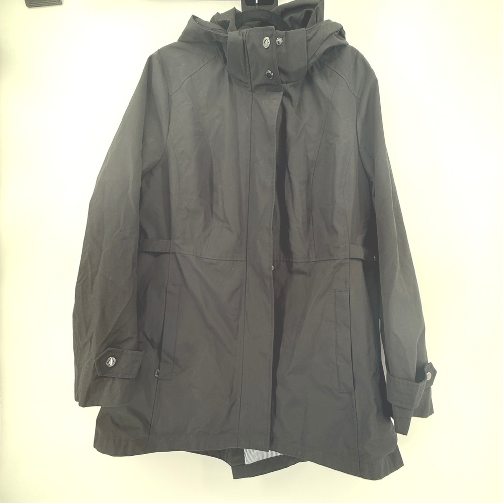 Tommy Hilfiger Rain Jacket Womens XL Black‎ Hooded Full Zip Snap Anorak Coat